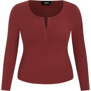 CIDER Henley Shirts for Women Long Sleeve Slim Fitted Basic Business Casual Tops for Women Button Ribbed Knit Base Layer(Wine Plus Size)