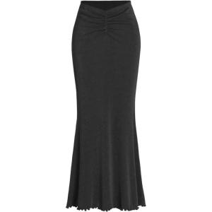 CIDER High Waist Skirts for Women Mermaid Skirt Fishtail Ruched Bodycon Long Maxi Skirt Lettuce Trim Stretchy(Black)