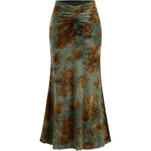 CIDER High Waist Skirts for Women Mermaid Skirt Fishtail Ruched Bodycon Long Maxi Skirt Lettuce Trim Stretchy(Floral Green)