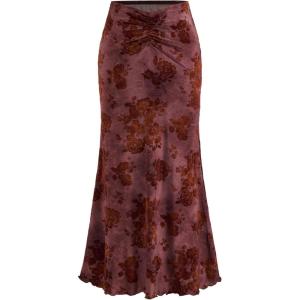 CIDER High Waist Skirts for Women Mermaid Skirt Fishtail Ruched Bodycon Long Maxi Skirt Lettuce Trim Stretchy(Floral Wine)