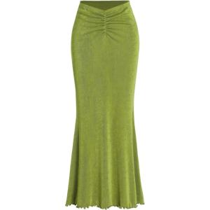 CIDER High Waist Skirts for Women Mermaid Skirt Fishtail Ruched Bodycon Long Maxi Skirt Lettuce Trim Stretchy(Green)