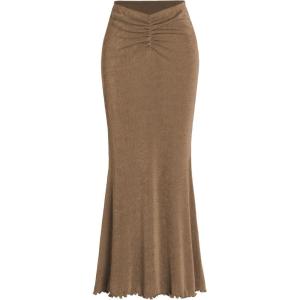 CIDER High Waist Skirts for Women Mermaid Skirt Fishtail Ruched Bodycon Long Maxi Skirt Lettuce Trim Stretchy(Khaki)