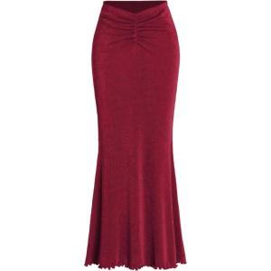 CIDER High Waist Skirts for Women Mermaid Skirt Fishtail Ruched Bodycon Long Maxi Skirt Lettuce Trim Stretchy(Wine)