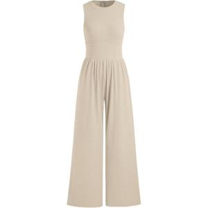 CIDER Jumpsuits for Women Sleeveless Wide Leg Overalls Dressy Crewneck One Piece Jumpsuits with Pockets Summer Fall(Beige)