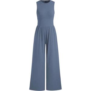 CIDER Jumpsuits for Women Sleeveless Wide Leg Overalls Dressy Crewneck One Piece Jumpsuits with Pockets Summer Fall(Blue)