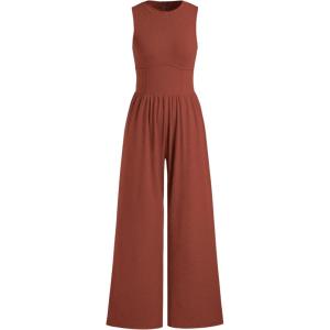 CIDER Jumpsuits for Women Sleeveless Wide Leg Overalls Dressy Crewneck One Piece Jumpsuits with Pockets Summer Fall(Brown)