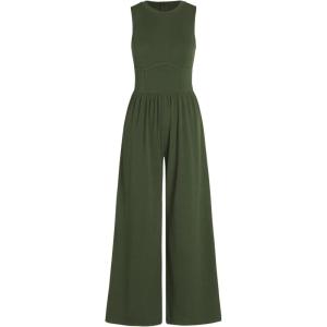 CIDER Jumpsuits for Women Sleeveless Wide Leg Overalls Dressy Crewneck One Piece Jumpsuits with Pockets Summer Fall(Green)