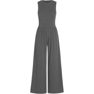 CIDER Jumpsuits for Women Sleeveless Wide Leg Overalls Dressy Crewneck One Piece Jumpsuits with Pockets Summer Fall(Grey)