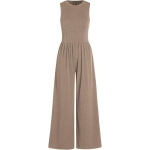 CIDER Jumpsuits for Women Sleeveless Wide Leg Overalls Dressy Crewneck One Piece Jumpsuits with Pockets Summer Fall(Khaki)