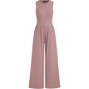 CIDER Jumpsuits for Women Sleeveless Wide Leg Overalls Dressy Crewneck One Piece Jumpsuits with Pockets Summer Fall(Pink)