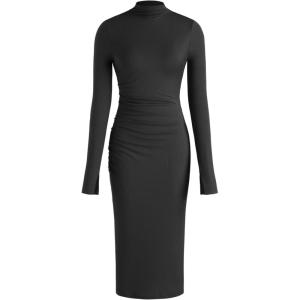 CIDER Long Sleeve Dress for Women High Neck Ribbed Knit Bodycon Ruched Midi Dress Cocktail Party Sweater Solid Dress(Black)