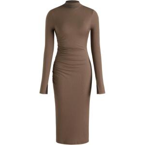 CIDER Long Sleeve Dress for Women High Neck Ribbed Knit Bodycon Ruched Midi Dress Cocktail Party Sweater Solid Dress(Brown)