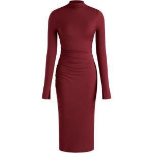 CIDER Long Sleeve Dress for Women High Neck Ribbed Knit Bodycon Ruched Midi Dress Cocktail Party Sweater Solid Dress(Wine)