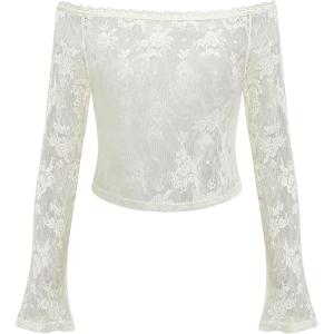 CIDER Off The Shoulder Tops for Women Sheer Long Sleeve Shirts Mesh Lace Boat Neck Trendy Crop Tops for Spring Summer(Cream)