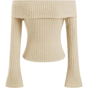 CIDER Off The Shoulder Tops for Womens Sexy Long Sleeve Going Out Tops Knit Cropped Top Trendy Slim Fit(Champagne)