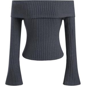 CIDER Off The Shoulder Tops for Womens Sexy Long Sleeve Going Out Tops Knit Cropped Top Trendy Slim Fit(Grey)