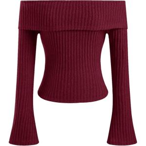 CIDER Off The Shoulder Tops for Womens Sexy Long Sleeve Going Out Tops Knit Cropped Top Trendy Slim Fit(Red (Run Small))