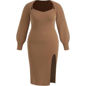 CIDER Plus Size 2 Piece Sweater Dresses for Women Long Sleeve Midi Dress Slit Winter Pullover Wedding Guest Outfits(Coffee)