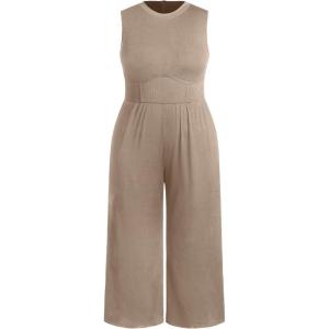 CIDER Plus Size Jumpsuits For Curvy Women Crew Neck Sleeveless Elegant Wide Leg Jumpsuits Dressy Casual Summer Outfits(Khaki)