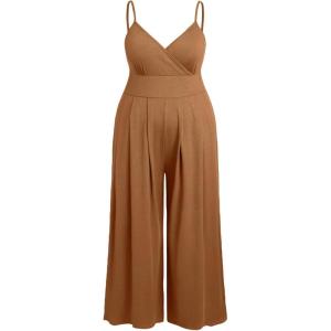 CIDER Plus Size Jumpsuits For Curvy Women V Neck Sleeveless Spaghettis Strap Wide Leg Overalls Casual Summer Outfits(Camel)
