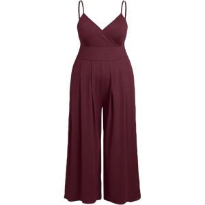 CIDER Plus Size Jumpsuits For Curvy Women V Neck Sleeveless Spaghettis Strap Wide Leg Overalls Casual Summer Outfits(Wine)