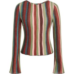 CIDER Striped Long Sleeve Shirts for Women Bell Sleeve Tops Crew Neck Color Block Trendy Casual Tops(Wine)
