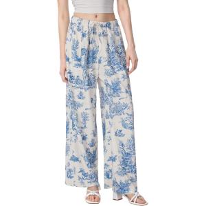 CIDER Wide Leg Palazzo Pants for Women with Pockets Elastic Business Causal Pants Women Summer for Beach Travel Trousers(Blue & White)