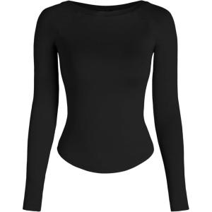 CIDER Women Long Sleeve Crop Top Boat Neck Slim Fit Tight Basic Tee Shirts 2025(Black)