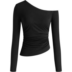 CIDER Women’s Asymmetrical Neck Off The Shoulder Tops Ruched Long Sleeve Going Out Tops(Black)