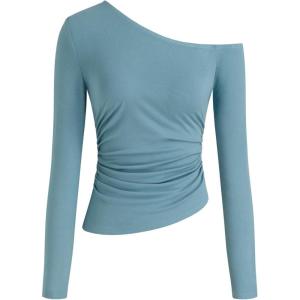 CIDER Women’s Asymmetrical Neck Off The Shoulder Tops Ruched Long Sleeve Going Out Tops(Mid Blue)