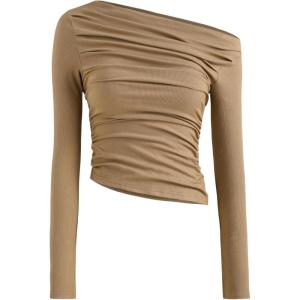 CIDER Women’s Asymmetrical Top Off The Shouler Long Sleeve Shirts Ruched Going Out Crop Tops(Camel)