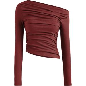 CIDER Women’s Asymmetrical Top Off The Shouler Long Sleeve Shirts Ruched Going Out Crop Tops(Carmine)