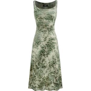 CIDER Womens Dresses Floral Dress Sleeveless Scoop Neck Ruched Midi Dress(Green)