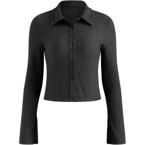 CIDER Women’s Long Sleeve Shirts Bell Sleeve Button Down Casual Blouse Business Casual Office Outfit(Black)
