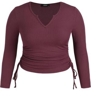 CIDER Women’s Plus Size Long Sleeve Shirts V Neck Drawstring Side Cute Fitted Tops Basic Tee(Carmine)