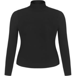 CIDER Women’s Plus Size Mock Turtleneck Tops Long Sleeve Slim Fit Curve Fall Essentials T Shirts(Black)