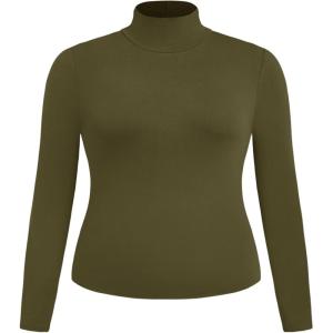 CIDER Women’s Plus Size Mock Turtleneck Tops Long Sleeve Slim Fit Curve Fall Essentials T Shirts(Olive Green)