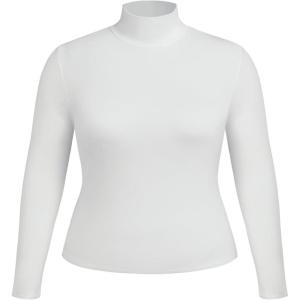 CIDER Women’s Plus Size Mock Turtleneck Tops Long Sleeve Slim Fit Curve Fall Essentials T Shirts(White)