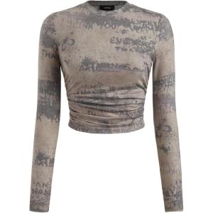 CIDER Women’s Round Neck Tie Dye Ruched Long Sleeve Fitted Crop Top Graphic Y2K Grunge Shirts(Grey)