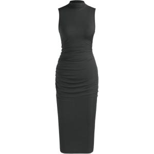 CIDER Work Dresses for Women High Neck Sleeveless Bodycon Ruched Cocktail Party Midi Dresses(Black)