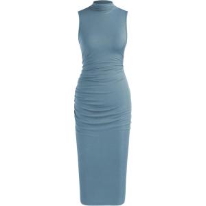 CIDER Work Dresses for Women High Neck Sleeveless Bodycon Ruched Cocktail Party Midi Dresses(Blue)
