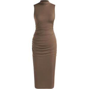 CIDER Work Dresses for Women High Neck Sleeveless Bodycon Ruched Cocktail Party Midi Dresses(Brown)