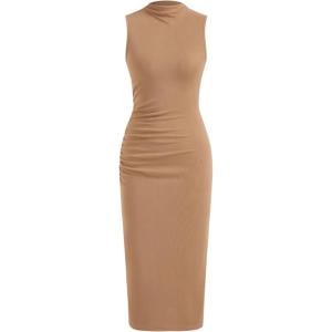 CIDER Work Dresses for Women High Neck Sleeveless Bodycon Ruched Cocktail Party Midi Dresses(Camel)