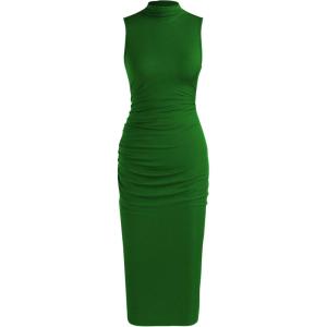 CIDER Work Dresses for Women High Neck Sleeveless Bodycon Ruched Cocktail Party Midi Dresses(Green)
