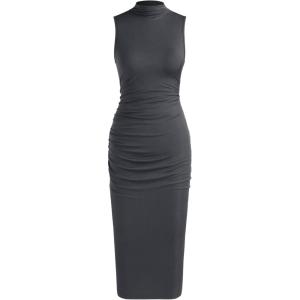 CIDER Work Dresses for Women High Neck Sleeveless Bodycon Ruched Cocktail Party Midi Dresses(Grey)