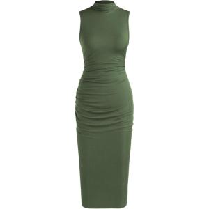 CIDER Work Dresses for Women High Neck Sleeveless Bodycon Ruched Cocktail Party Midi Dresses(Matcha Green)