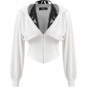 CIDER Zip Up Hoodie Women Cropped Sweatshirts Lace Halter Long Sleeve Corset Hoodie Trendy Jackets Y2K Outfits(White)