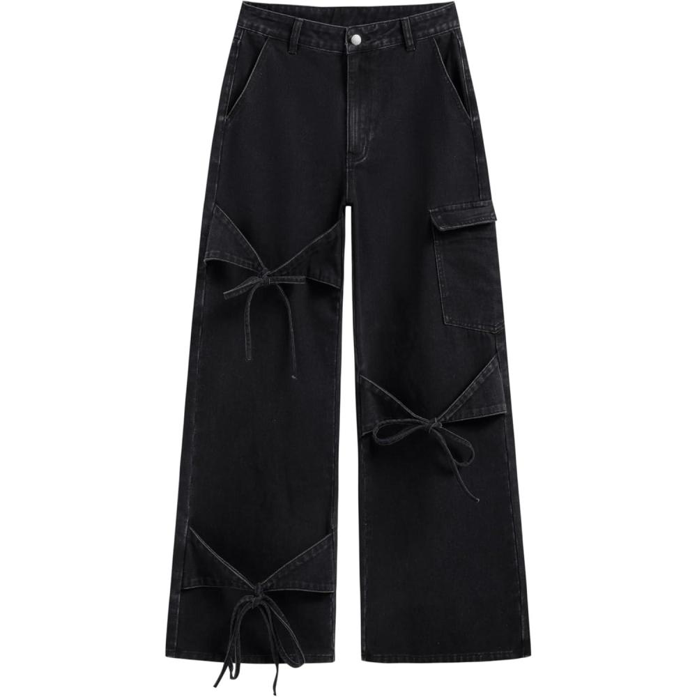 imageCIDER Baggy Jeans for Women Low Waisted Wide Straight Leg Bow Jeans Denim PantsBlack