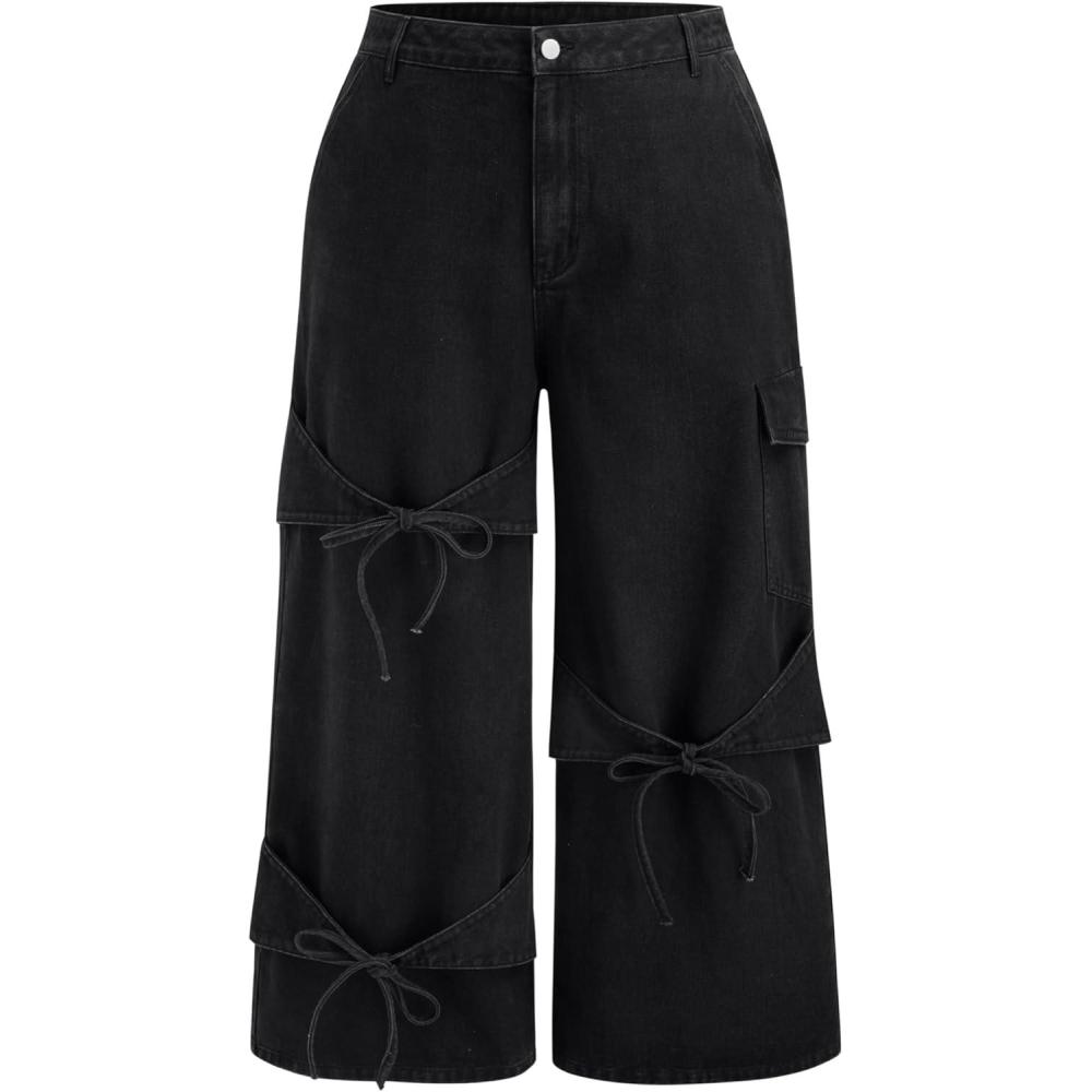 imageCIDER Baggy Jeans for Women Low Waisted Wide Straight Leg Bow Jeans Denim PantsBlack Plus Size