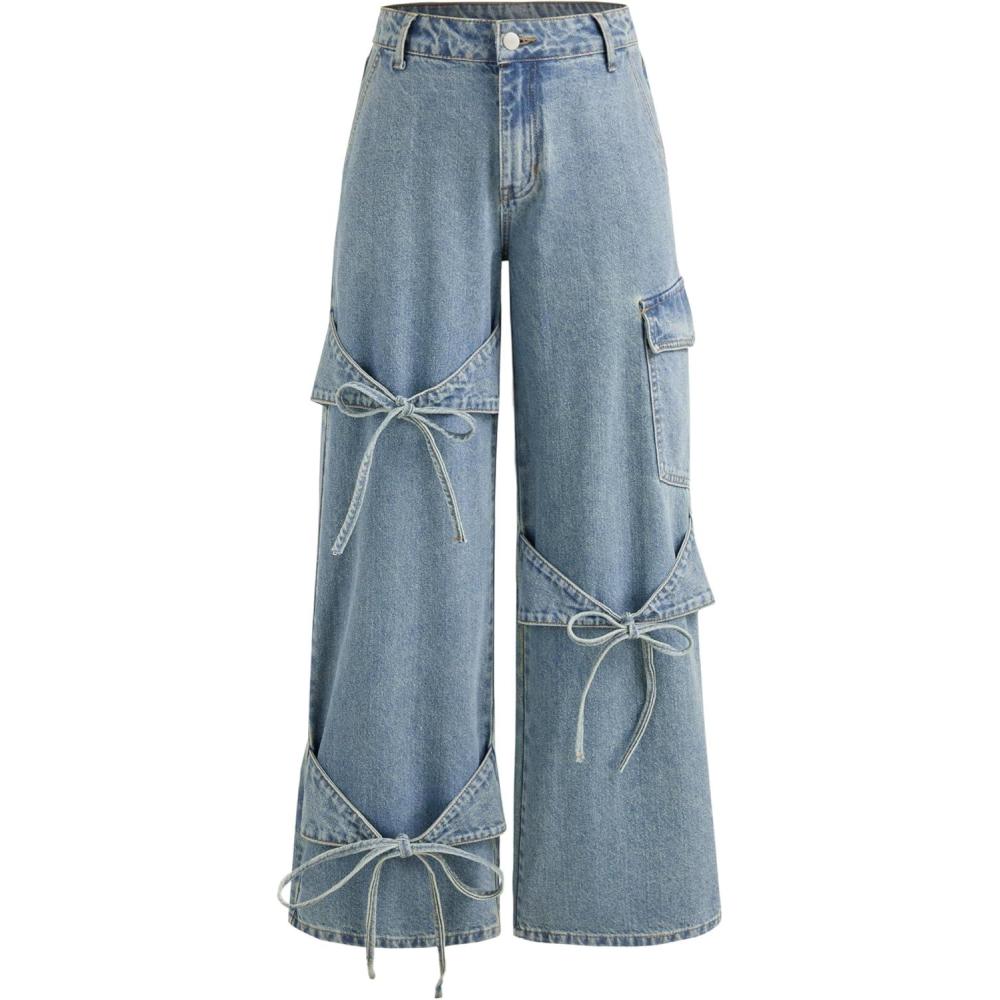 imageCIDER Baggy Jeans for Women Low Waisted Wide Straight Leg Bow Jeans Denim PantsBlue